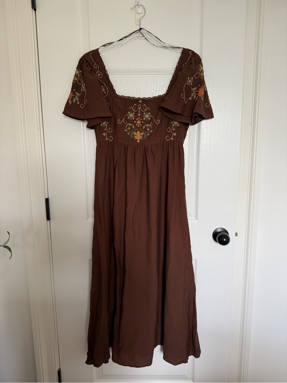 Brown Embroidered Cotton Maxi Dress